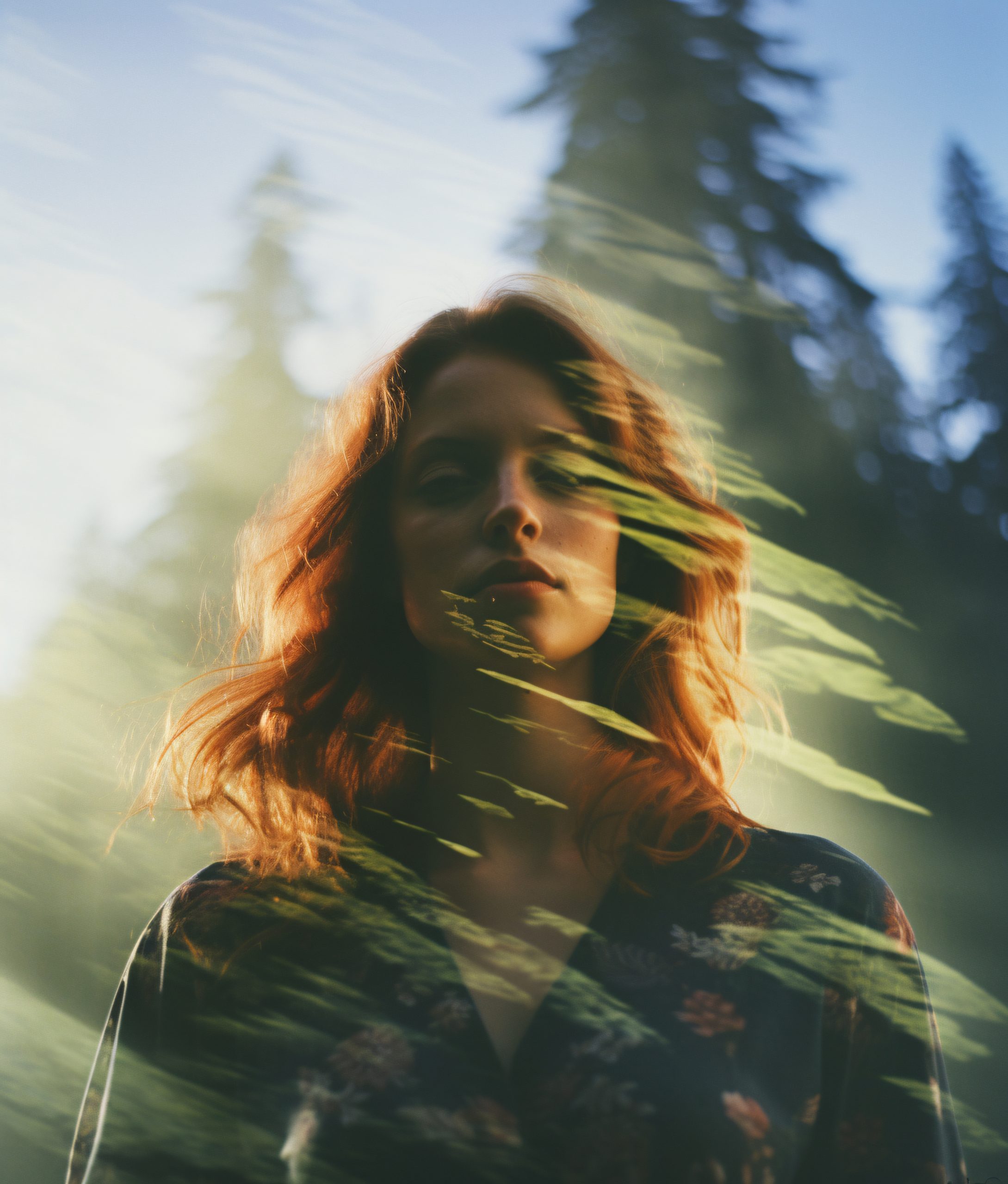 Donna in foresta con effetto doppia esposizione, simbolo di memoria emotiva e trauma relazionale